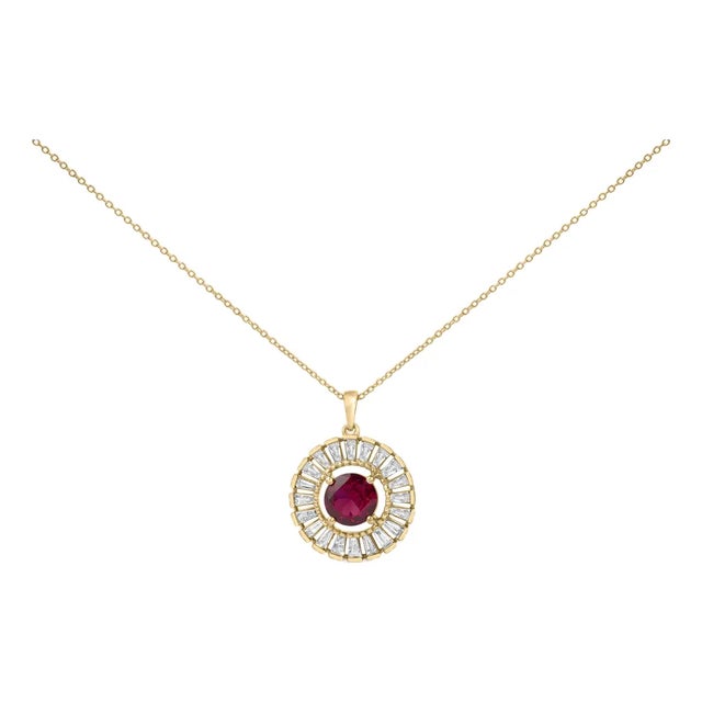 14K Yellow Gold Plated Sterling Silver Lab Grown Ruby and Diamond Medallion Pendant Necklace For Sale