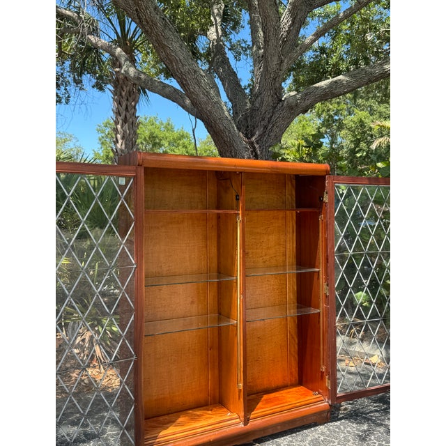 Wood Vintage Illuminated Diamond Pane Curio Cabinet / Glass Display Bookcase For Sale - Image 7 of 8