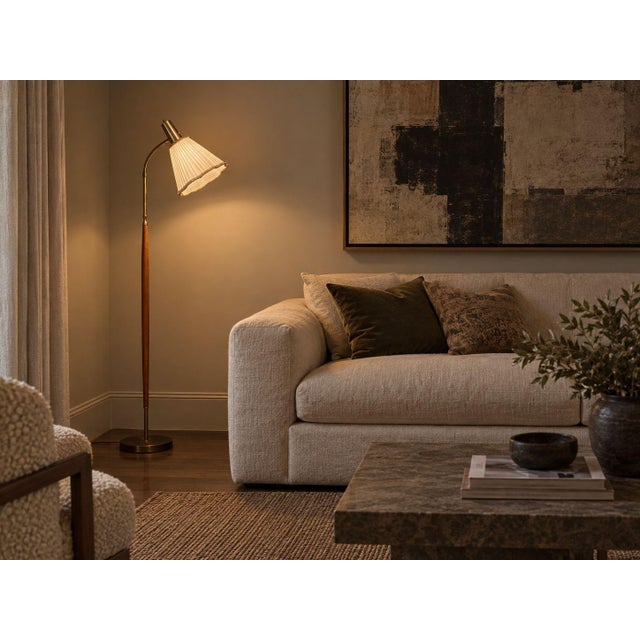 Armaturhantverk Tibro, Swedish Mid-Century Modern, Floor Lamp, Teak, Brass, Silk, Sweden, 1960s A brass and teak wood...
