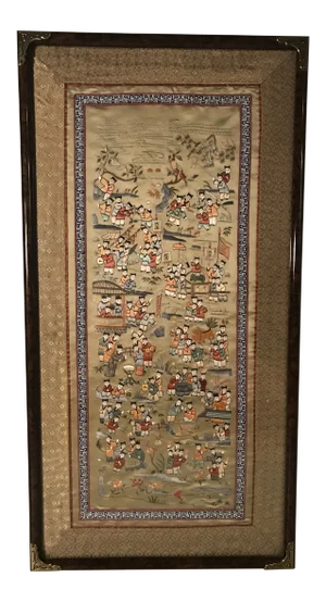 Original Vintage Chinese Handmade Silk Embroidery Panel - Royal Court Gathering