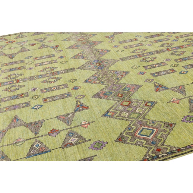 Textile Modern Khotan Style Hand-Knotted Wool Rug - Green & Earth Tone Geometric Design For Sale - Image 7 of 11