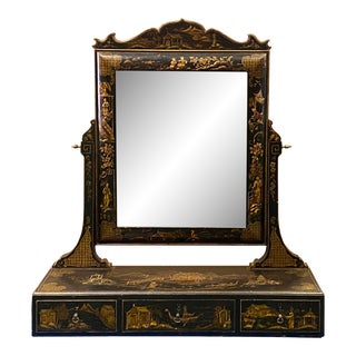 Chinese Vintage Golden Scenery Black Lacquer Mirror Chest For Sale