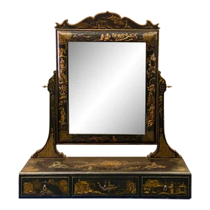 Chinese Vintage Golden Scenery Black Lacquer Mirror Chest