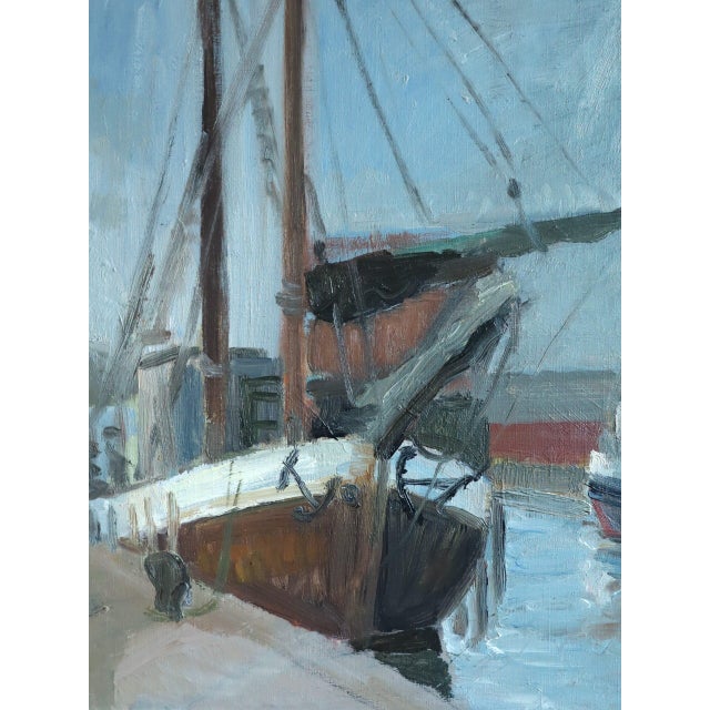 1953 Mid-Century Modern 'Harbour at Rest' Vintage Original Swedish Expressive Seascape Oil Painting, Framed For Sale - Image 9 of 11