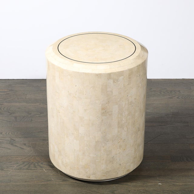 Mid-Century Drum Form Brass Inlay Tessellated Stone Side Table by Maitland Smith For Sale - Image 13 of 14