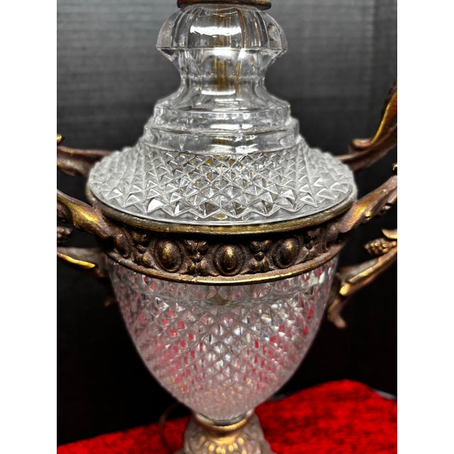 Bronze Pair of French Neoclassical Cut Crystal & Patinated Bronze Urn Lamps With Ram/Goat Head Handles For Sale - Image 8 of 12