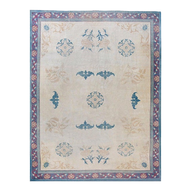 1900s Foliate Medallion Antique Indian Amritsar Rug Hand Knotted 8' 10"x 12' Wool Carpet For Sale