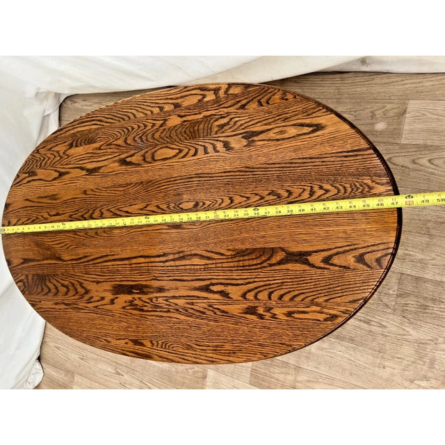 Vintage Oval Coffee Table Tiger Oak, Center Drawer, Shelf, Columns, Empire Style For Sale - Image 9 of 10