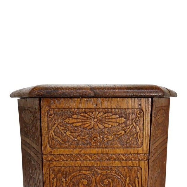 Arts & Crafts Arts & Crafts Floral & Foliate Press Oak Hexagonal Tabouret Plant Stand C1920 For Sale - Image 3 of 9
