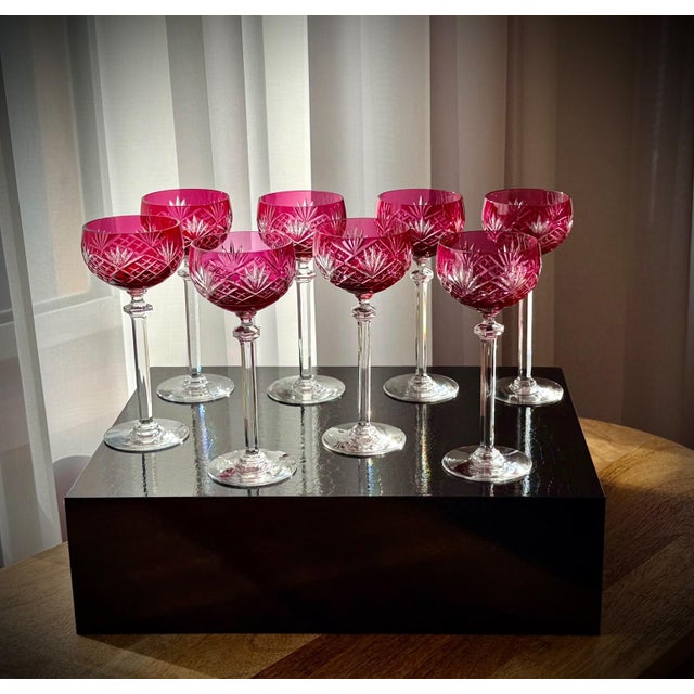 Ruby Cut-to-Clear Crystal Cordial Glasses attributed to Val Saint Lambert, 1950, Set of 8 For Sale - Image 18 of 18