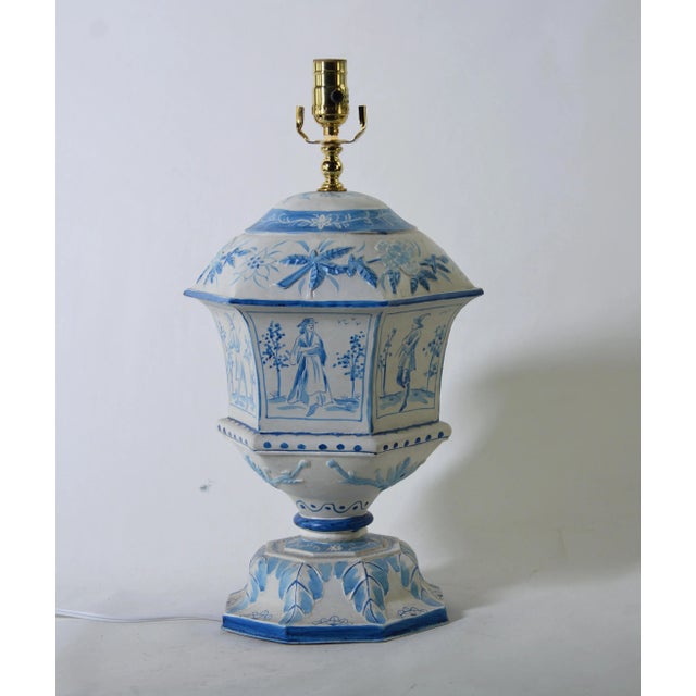 Metal Blue & White Tole Hexagon Lamp in Delf Design For Sale - Image 7 of 7