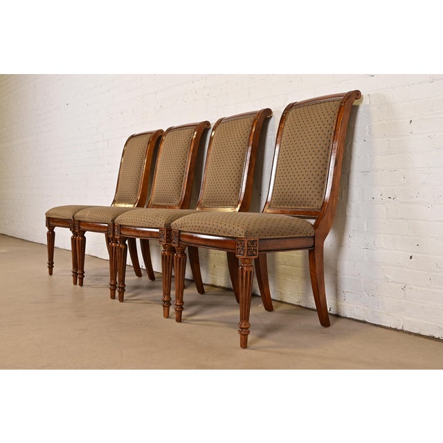 French Ethan Allen French Regency Louis XVI Carved Cherry Wood Upholstered Dining Chairs, Set of Four For Sale - Image 3 of 10