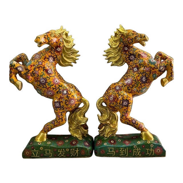 Monumental Pair of Vintage Cloisonné Enamel Rearing Horses For Sale