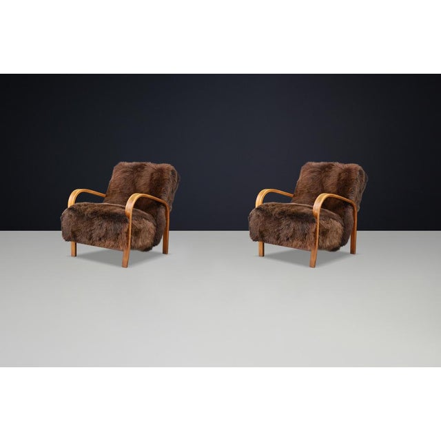 Set of Lounge Chairs in Texel Sheepskin by Kozelka & Kropacek, 1940s For Sale - Image 10 of 14