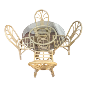 Vintage Blonde Rattan Glass Top Table and 4 Side Chairs-Set of 5
