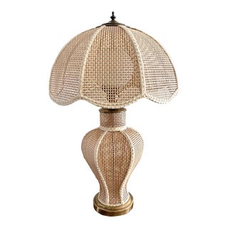 Circa 1980 Coastal Cottage Chic Rattan Wicker Weave Table Lamp & Matching Shade – 3-Way Switch For Sale