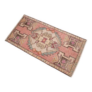 Vintage Hand Knotted Small Turkish Rug 1970s Entry Mat Kitchen Laundry Decor Boho Doormat 17"x34" For Sale