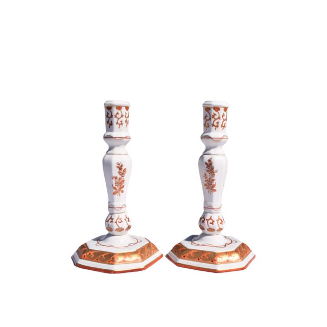 Mid 20th Century Pair of Italian Porcelain Candlesticks, Iron-Red and Gilt For Sale - Image 5 of 13