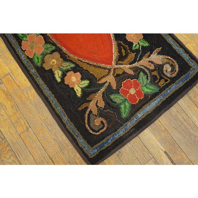 Early 20th Century 1900s Brown Floral Folk Art Antique American Hooked Rug 2'2" X 4' Handknotted Wool Carpet For Sale - Image 5 of 5