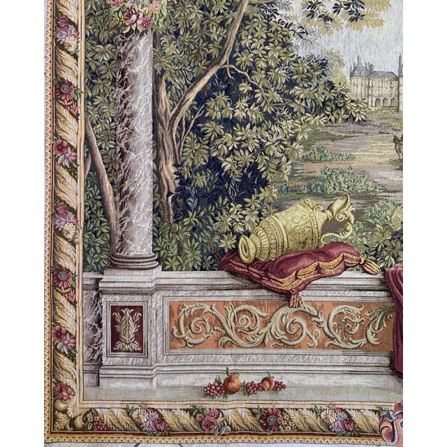 French Château Landscape Jacquard Woven Tapestry With Carriage & Courtly Scene For Sale - Image 9 of 11
