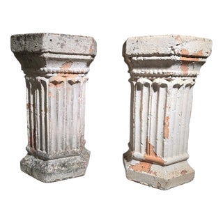 19th Century Italian Hexagonal Terracotta Pedestals with Classical Sculptures, Set of 2, 1880 For Sale