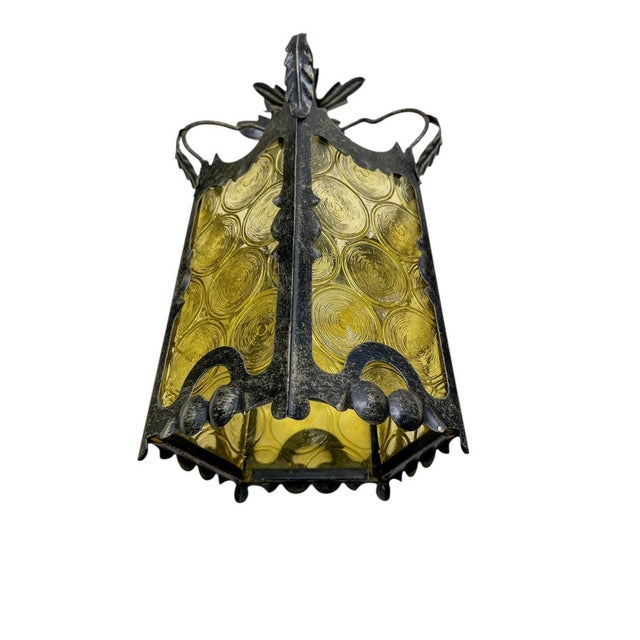 Black Gothic Lantern in Wrought Iron and Amber Glass, 1960s For Sale - Image 8 of 11