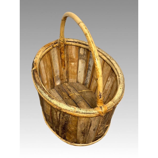 Rustic European Large Hand Made Split & Bent Bamboo Handled Basket, Mid Century For Sale - Image 3 of 5