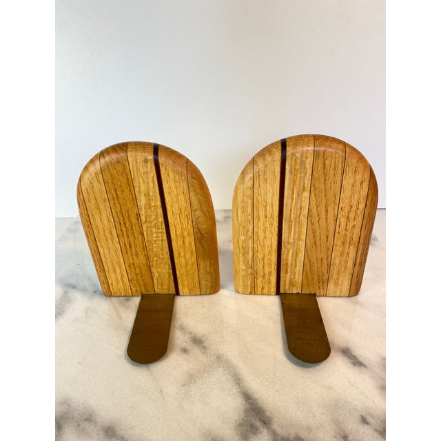 Mid-Century Modern Rounded White Oak & Brass Bookends - A Pair For Sale - Image 4 of 9