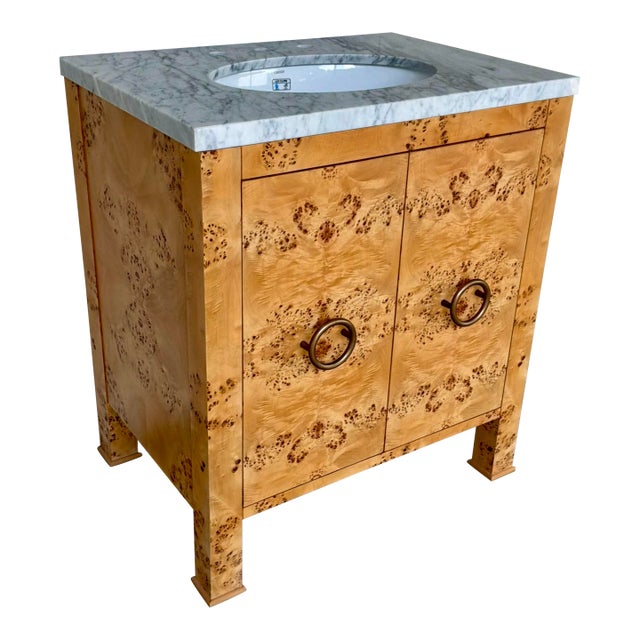 Worlds Away Modern Burl Wood and White Marble Vanity For Sale