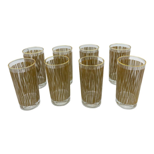Mid Century Vintage Drinking Glasses With Reed/Wood Design Set of 8 For Sale