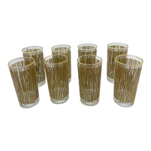 Mid Century Vintage Drinking Glasses With Reed/Wood Design Set of 8