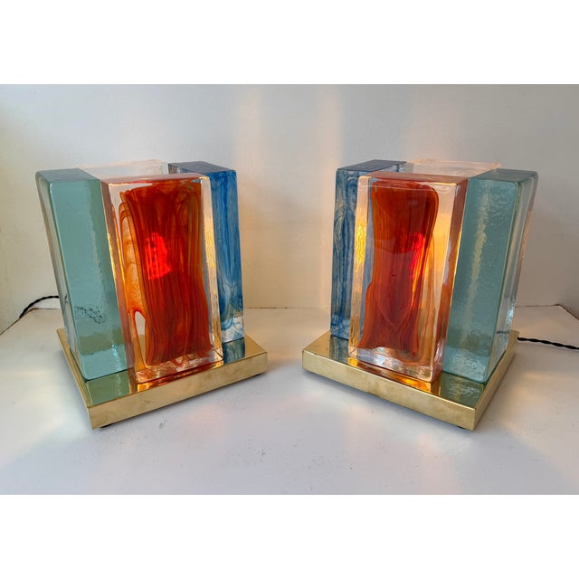 Brass Contemporary Pair of Lamps Cubic Pennellate Murano Glass and Brass, Italy For Sale - Image 8 of 13