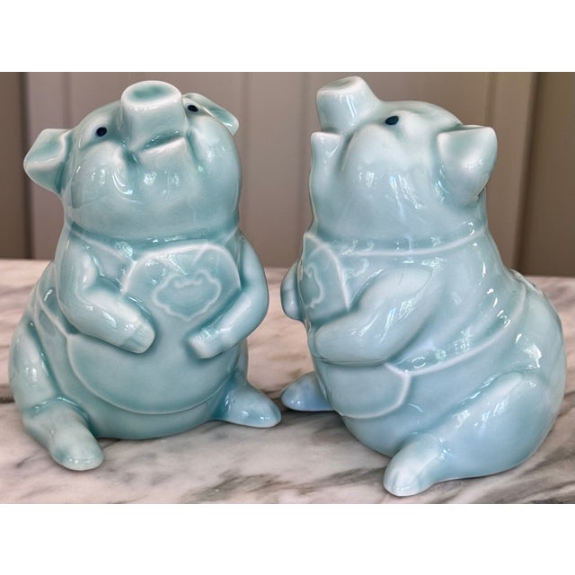 Mid 20th Century Mid-Century Celadon Ceramic Glazed Pig Figures - A Pair For Sale - Image 5 of 12