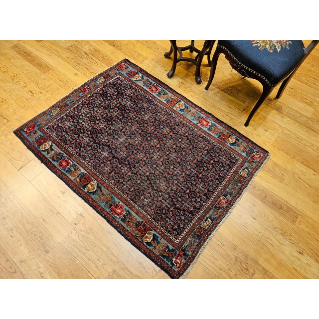 1900 - 1909 Antique Senneh Area Rug, Hand-Knotted Wool, Herati Pattern & Gol Farang Border, Navy & Light Blue, 4x5 For Sale - Image 5 of 18
