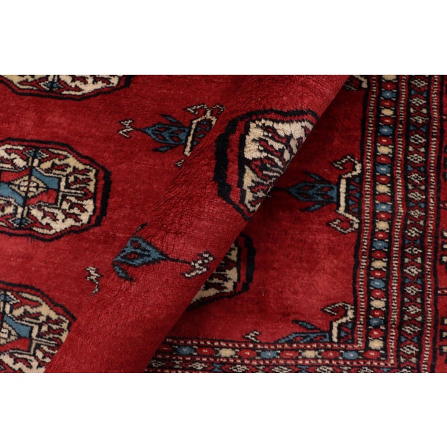 Abstract Rustic Bokhara Red/Blue Hand Knotted Wool Rug For Sale - Image 3 of 9