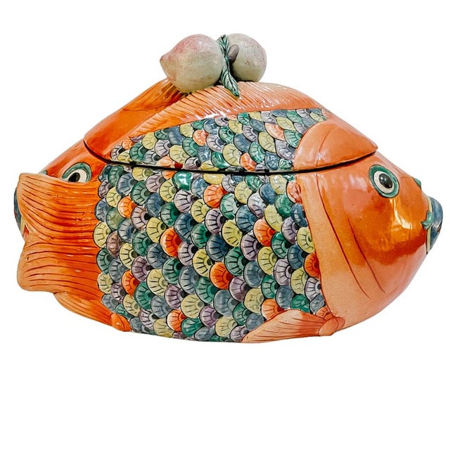 Orange Mid 20th Century Chinese Hand-Painted Famille Rose Two Head Koi Fish Form Tureen For Sale - Image 8 of 8