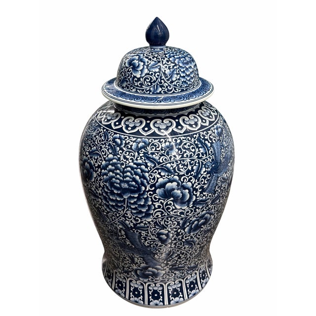 Chinese Oversized Blue & White Porcelain Temple or Ginger Jar With Crane & Peony Design For Sale - Image 3 of 4