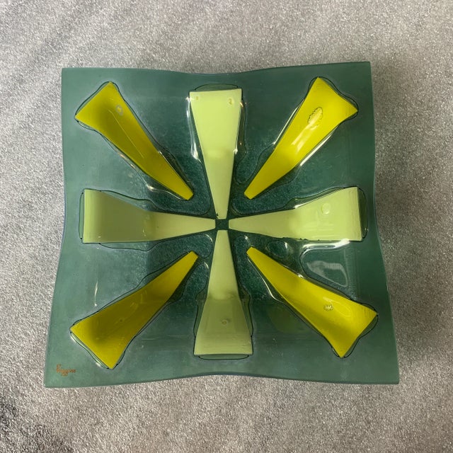 This is a beautiful green and yellow art glass SIGNED - VERY Mid-century.