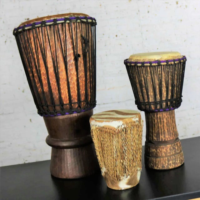 Tribal Vintage Trio of Tribal Drums Carved Wood and Animal Hide For Sale - Image 3 of 13
