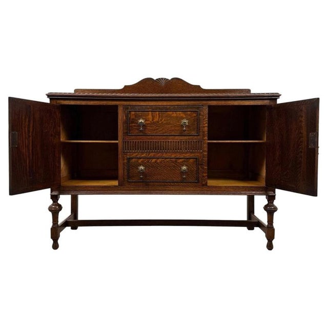 Antique English Edwardian Carved Oak Sideboard For Sale - Image 4 of 14