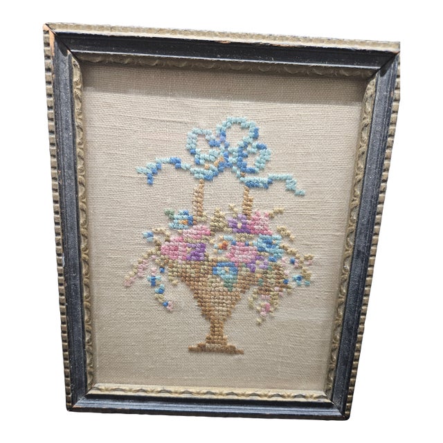 Antique Framed 1930's Floral Bouquet Embroidered Cross Stitch For Sale