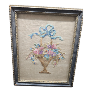 Antique Framed 1930's Floral Bouquet Embroidered Cross Stitch