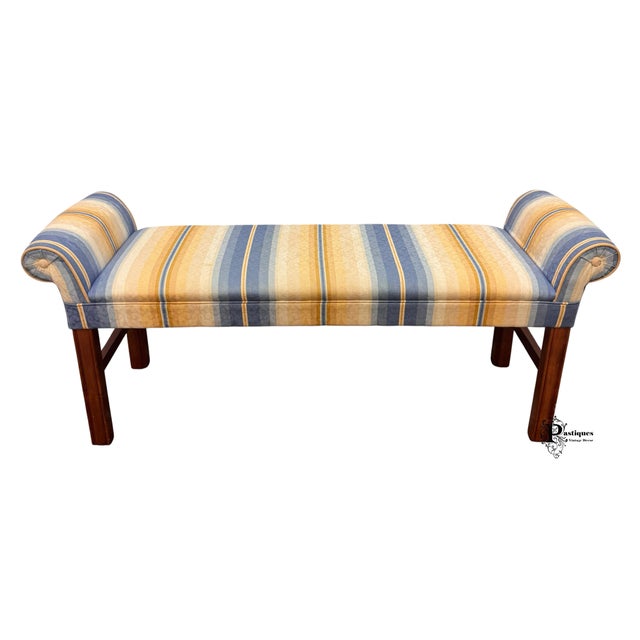 Yellow Vintage Traditional Chippendale Style Mahogany Frame Upholstered Bench For Sale - Image 8 of 8