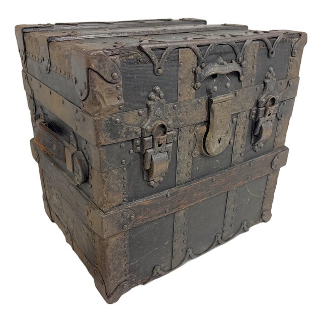 Rare Antique Miniature 19th Century Handmade Wood Iron Taylor Steamer Trunk For Sale