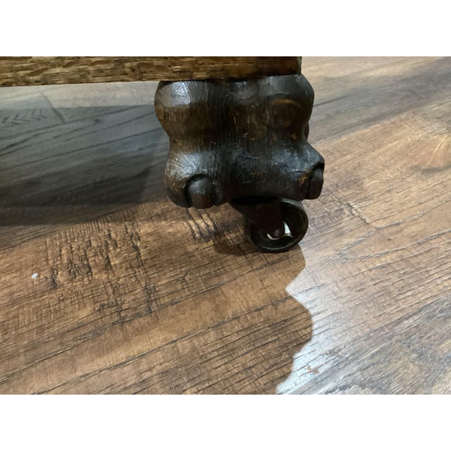 Arts & Craft Antique Oak Bookcase Double Doors Lead-Glass Tulips Claw Feet on Rollers For Sale - Image 11 of 12