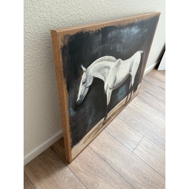 Large wrapped canvas textured print of a horse against a rustic slate gray and indigo abstract background. Elegant rustic...