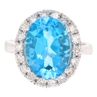 7.72 Carat Blue Topaz Halo Diamond 4 Karat White Gold Ring, Size 7 For Sale