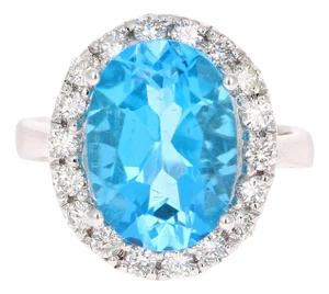 7.72 Carat Blue Topaz Halo Diamond 4 Karat White Gold Ring, Size 7