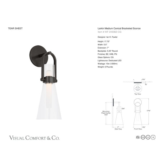 Metal Ian K. Fowler for Visual Comfort Signature Larkin Medium Conical Bracketed Sconce in Bronze with Clear Glass For Sale - Image 7 of 8