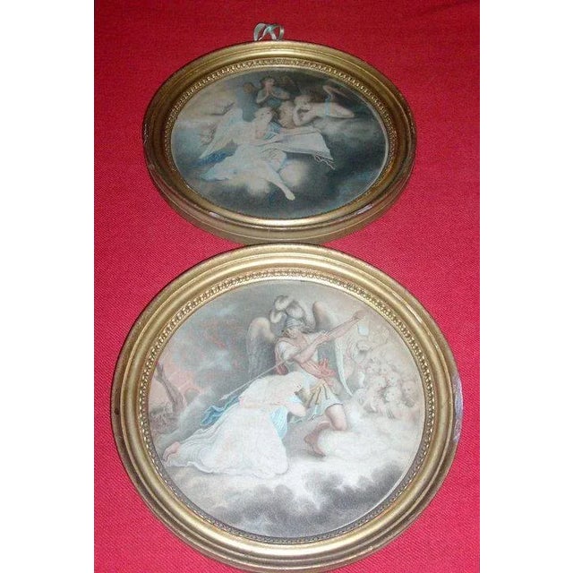 18th Century Early 19th Century Carved and Gilt Wood Round Frames with Original Classical Prints - A Pair For Sale - Image 5 of 9